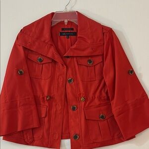 Anne Klein Red Utility Jacket with Safari Style and Boxy Fit. Stretch